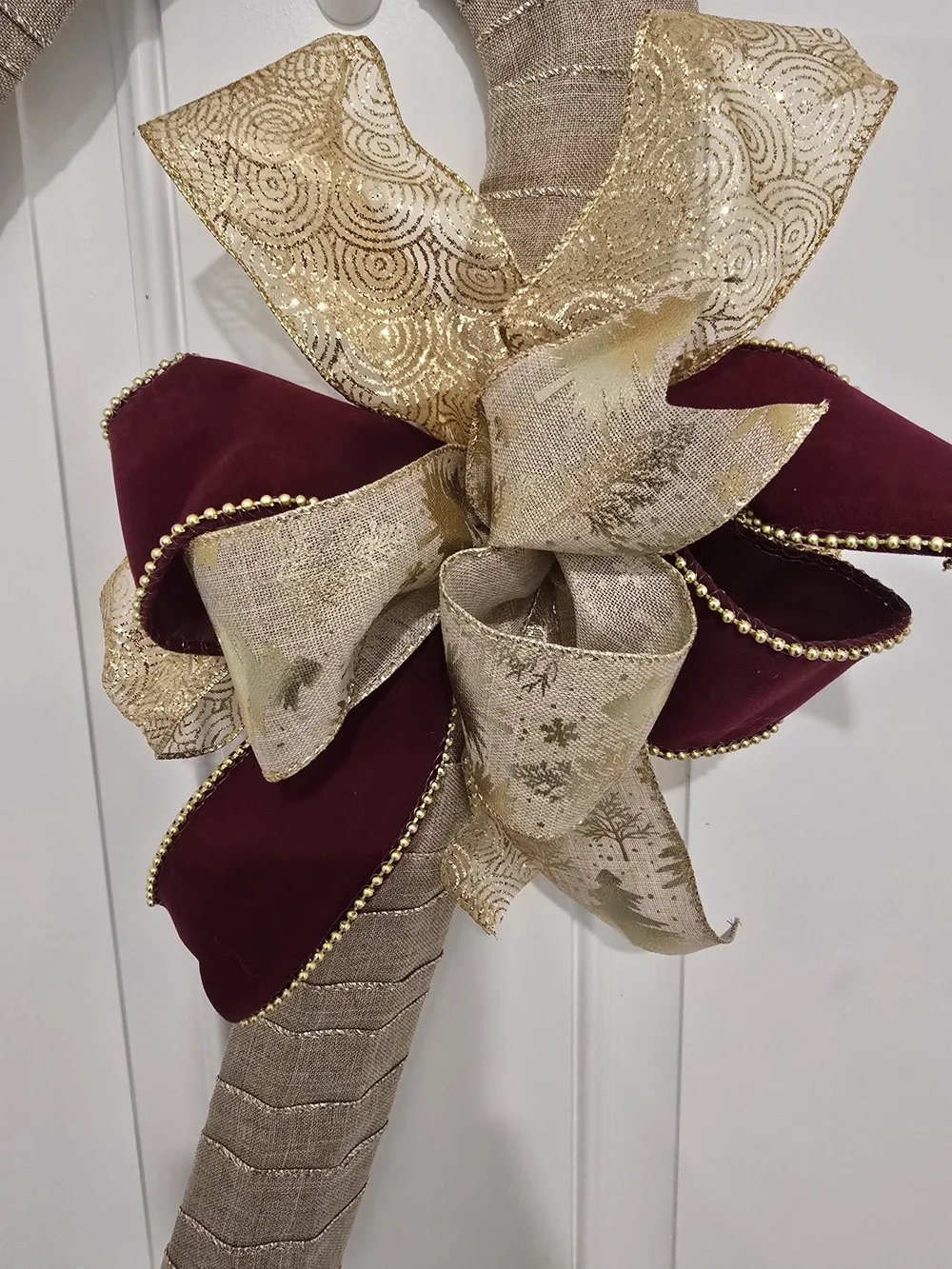 Holiday Candy Cane Door Decor with Gold and Burgundy Bow